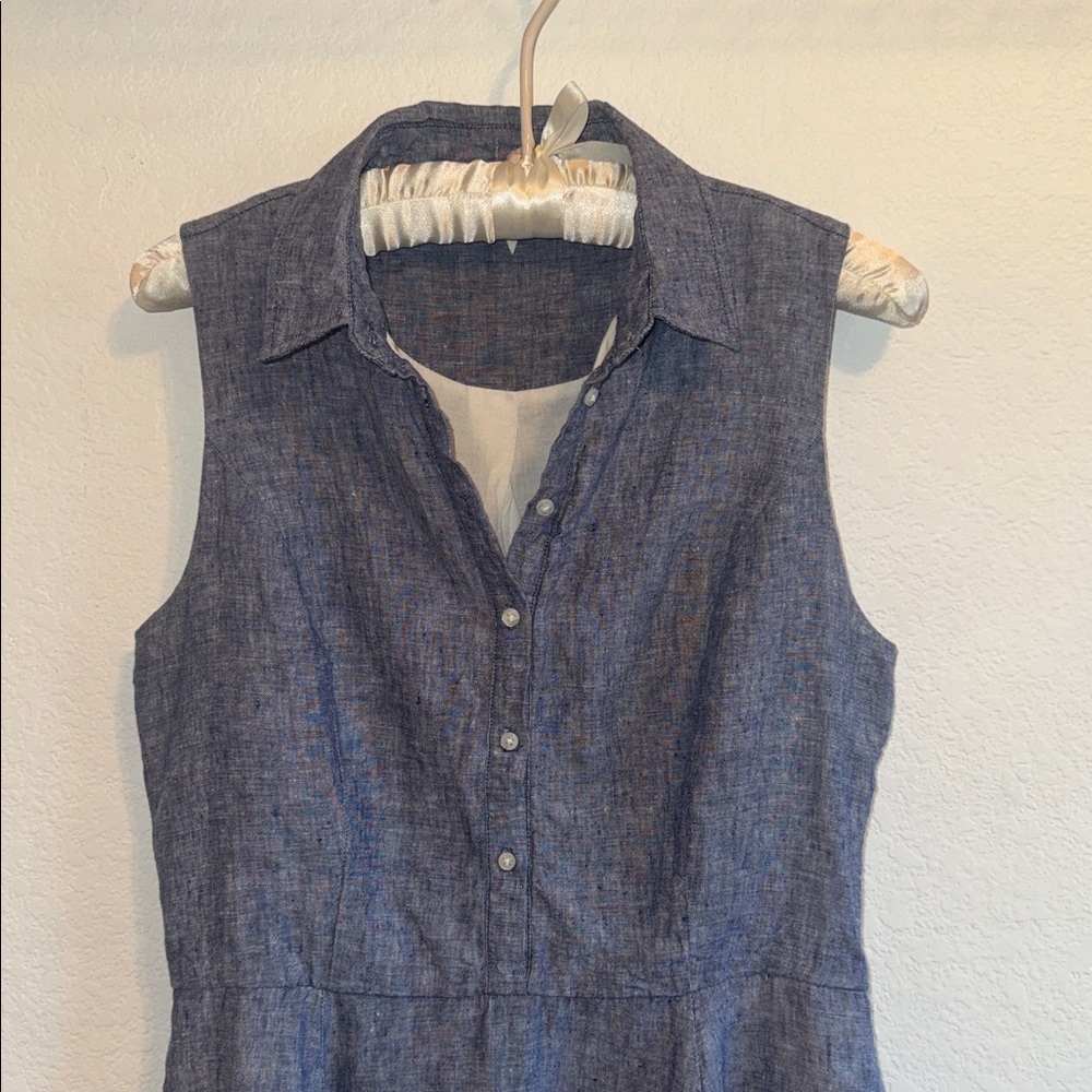 ADRIENNE VITTADINI DRESS 100% LINEN BLUE CHAMBRAY SLEEVELESS COLLAR SZ 6 - Picture 2 of 12